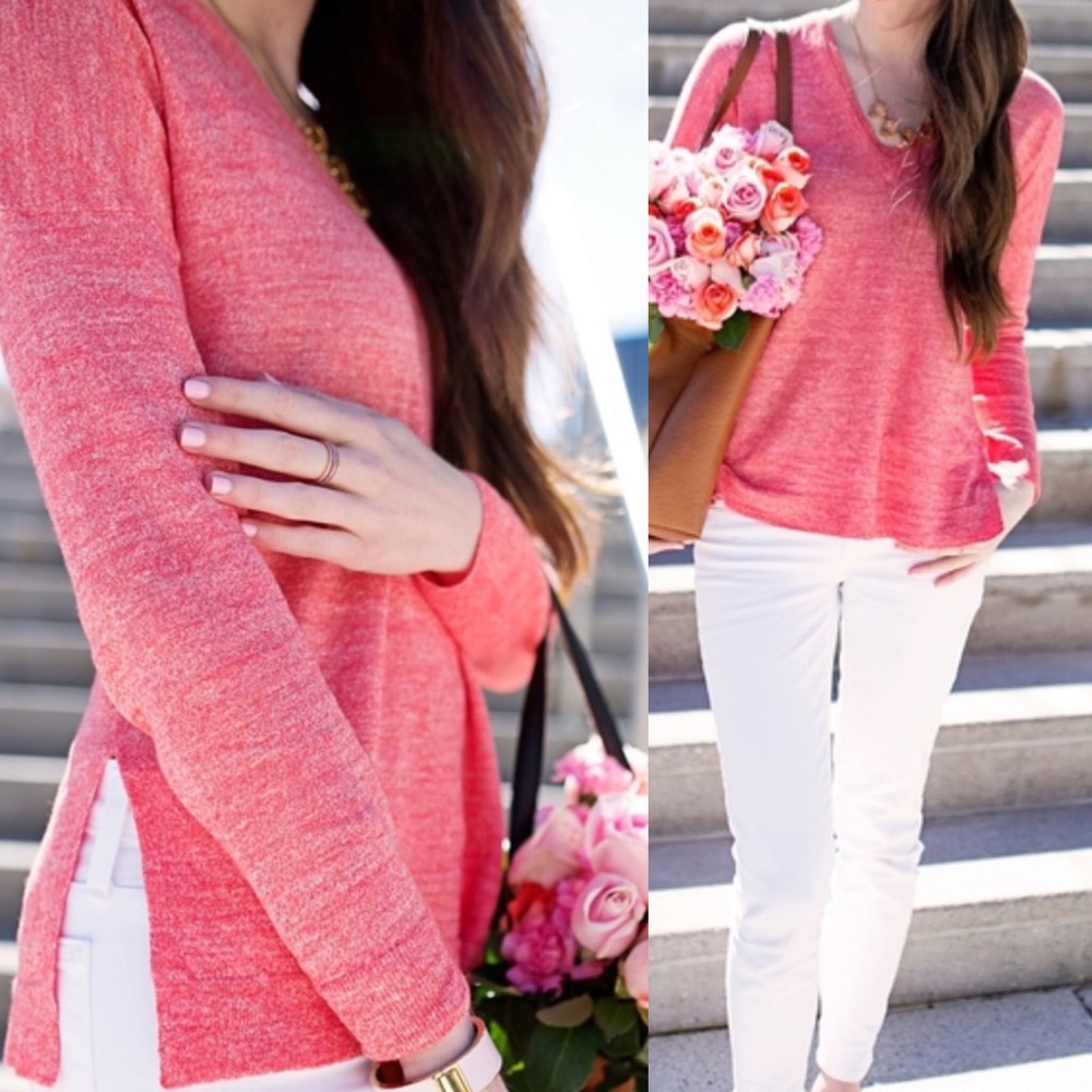 J. Crew Heathered Coral-Pink V-Neck Sweater